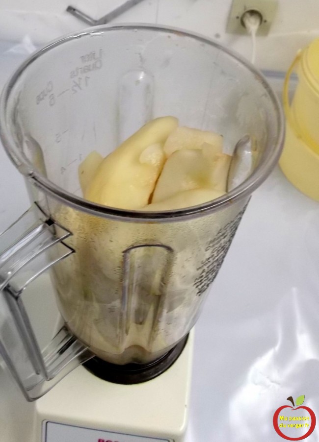 Mettre les poires, dans un mixeur ou blender, pendant 5 minutes minimum, pour obtenir un purée très fine.